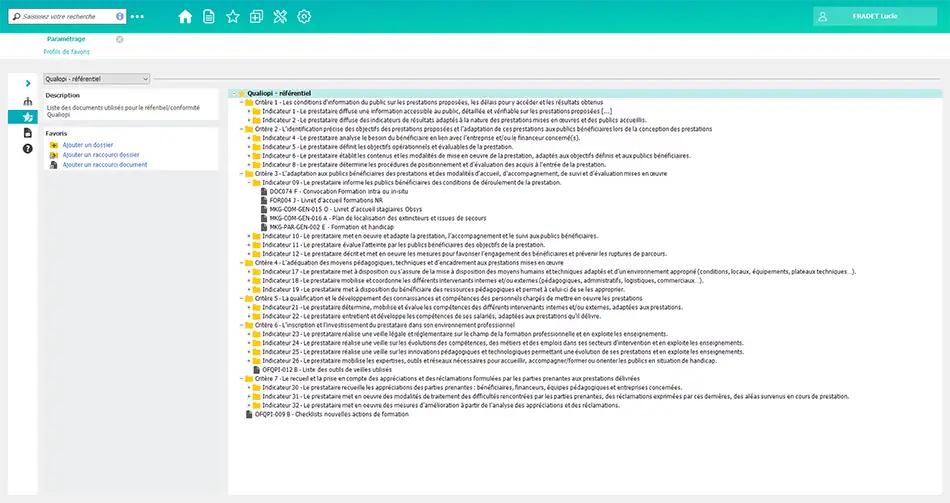 Centralisation de nos documents liés à Qualiopi dans un profil de favoris OBSYS GED. Un dossier a été créé par indicateur pour retrouver facilement la documentation lors de l'audit de certification Qualiopi.